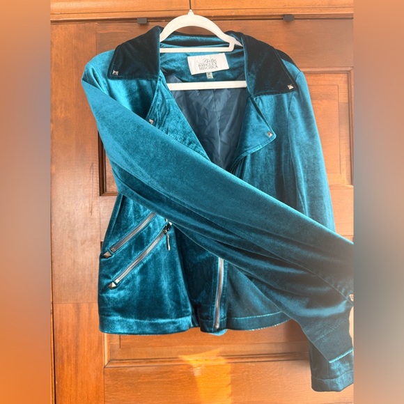 Belle by Badgley Mischka Teal Velvet Moto Jacket - Picture 7 of 9